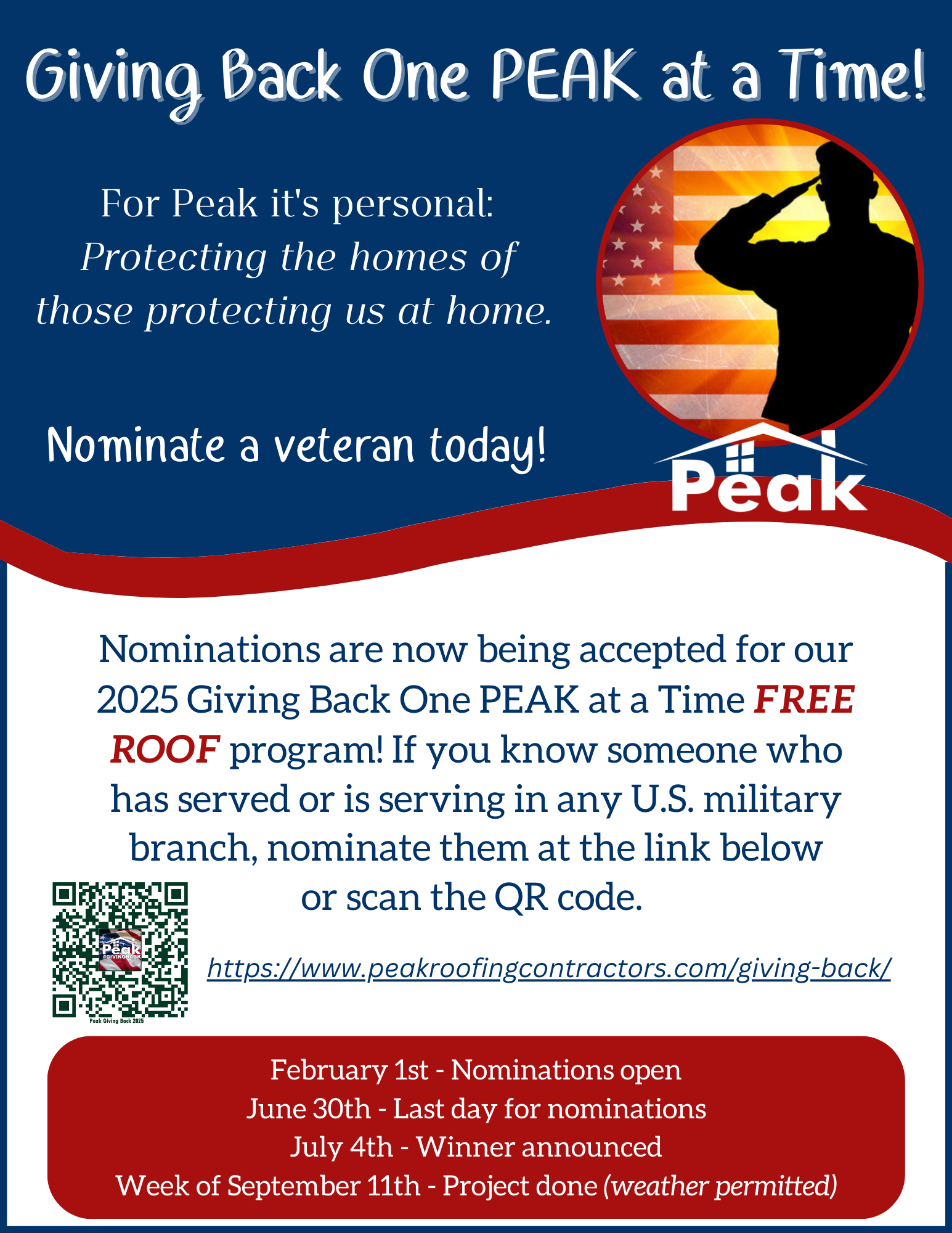 Nominate a Veteran for a Free Roof from Peak Roofing!